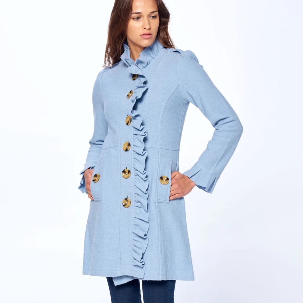 PATTY KIM Light Blue Ruffle-Front Trench Coat NWT never worn